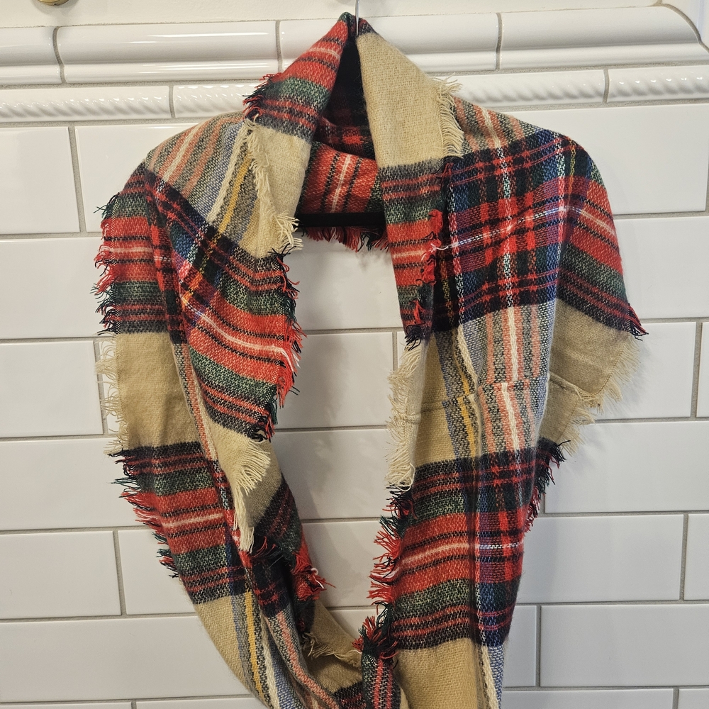 Plaid Fringe Infinity Scarf - Red, Tan, Green